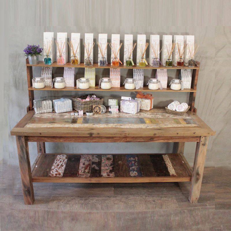 A+C 2.2m Large Recycled Wood Table with Top Shelf