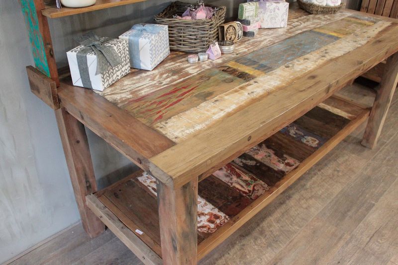 A+C 2.2m Large Recycled Wood Table with Top Shelf