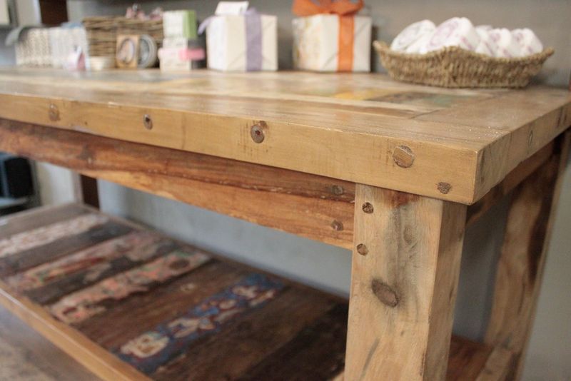 A+C 2.2m Large Recycled Wood Table with Top Shelf