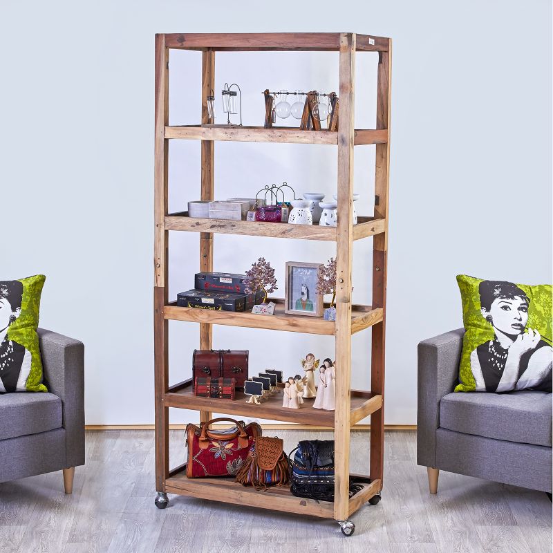 Recycled Wood Six Shelf Display with Casters
